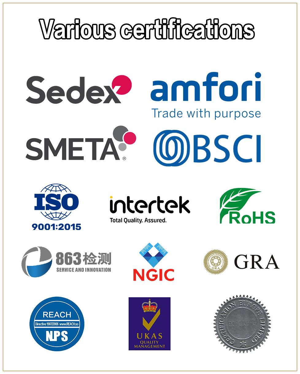 Factory certified with ISO 9001, BSCI, Sedex, SMETA, and other certifications.