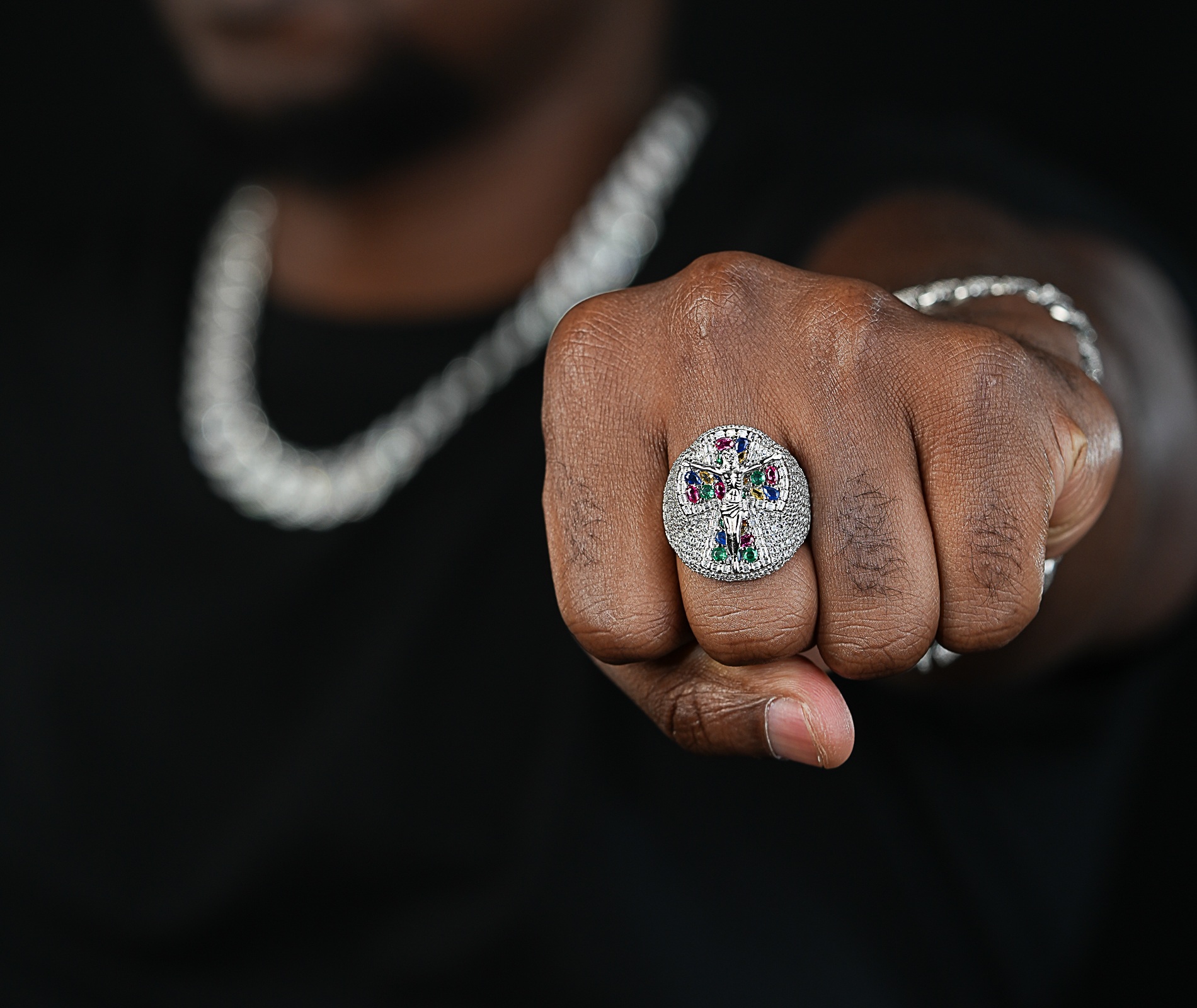 Shining Star Jewelry Hip Hop Christian Jesus Cross Colored Zircon Crucifix Ring
