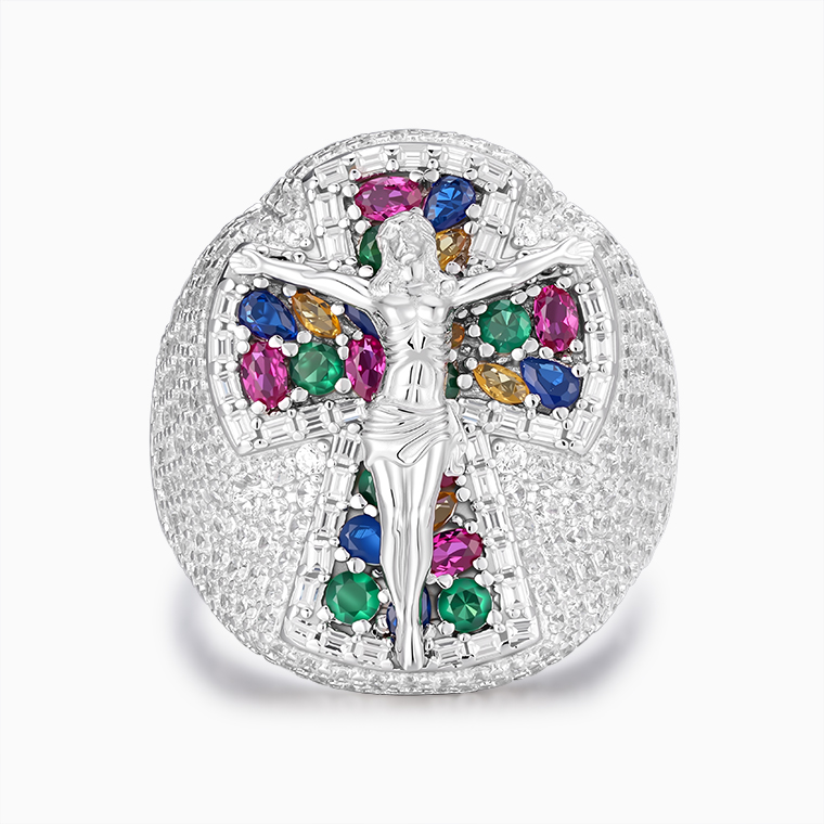 Shining Star Jewelry Hip Hop Christian Jesus Cross Colored Zircon Crucifix Ring