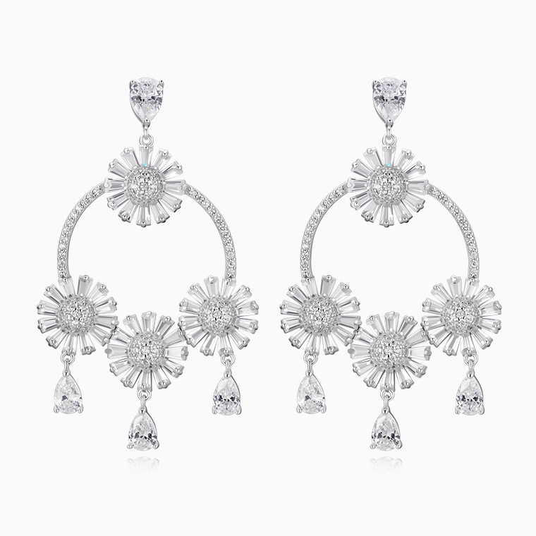 Shining Star Jewelry Women's Iced Out Zircon Dazzling Sunflower Dangle Earrings