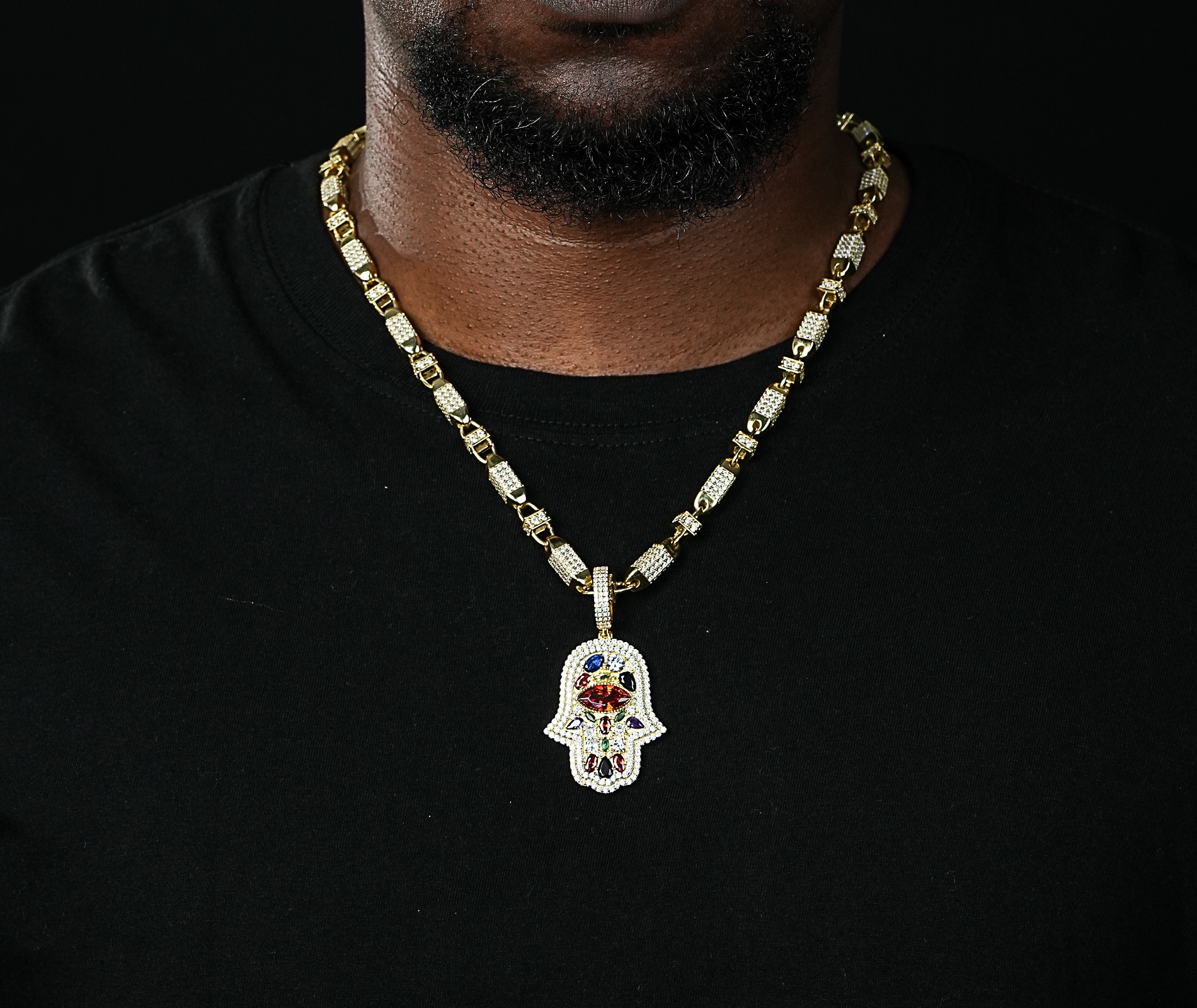 Shining Star Jewelry Turkish Amulet Colored Diamond Evil Eye Hamsa Hand Pendant