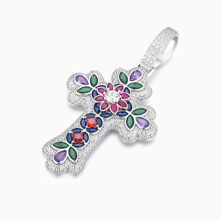 Shining Star Jewelry High Quality Mixed Fancy Cut Colored Zircon Cross Pendant