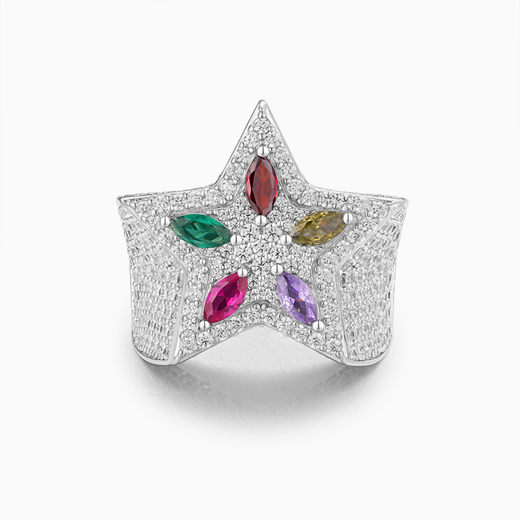 Shining Star Jewelry Men's Colored Zircon White vvs Moissanite Star Ring