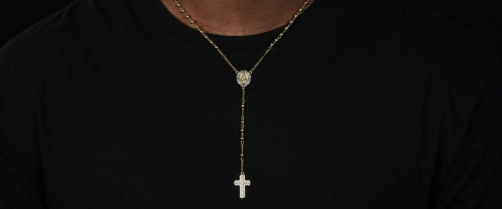 Shining Star Jewelry 14K Gold Charms Virgin Mary Cross Pendant Rosary Necklace