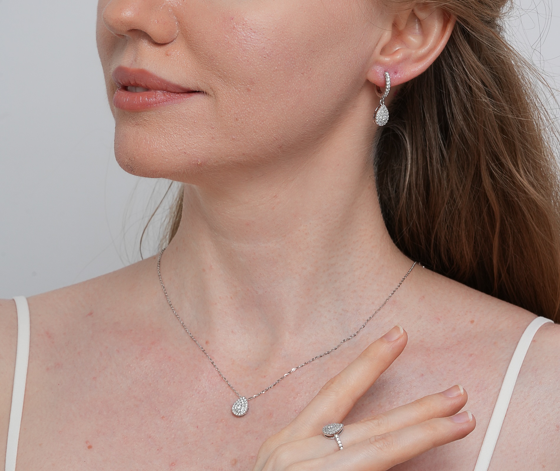 Shining Star Jewelry Trendy Vvs 925 Silver Pear Shaped Earring Necklace Sets