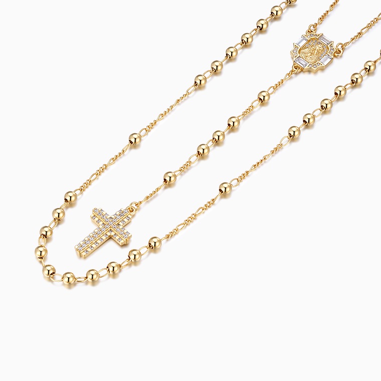 Shining Star Jewelry 14K Gold Charms Virgin Mary Cross Pendant Rosary Necklace